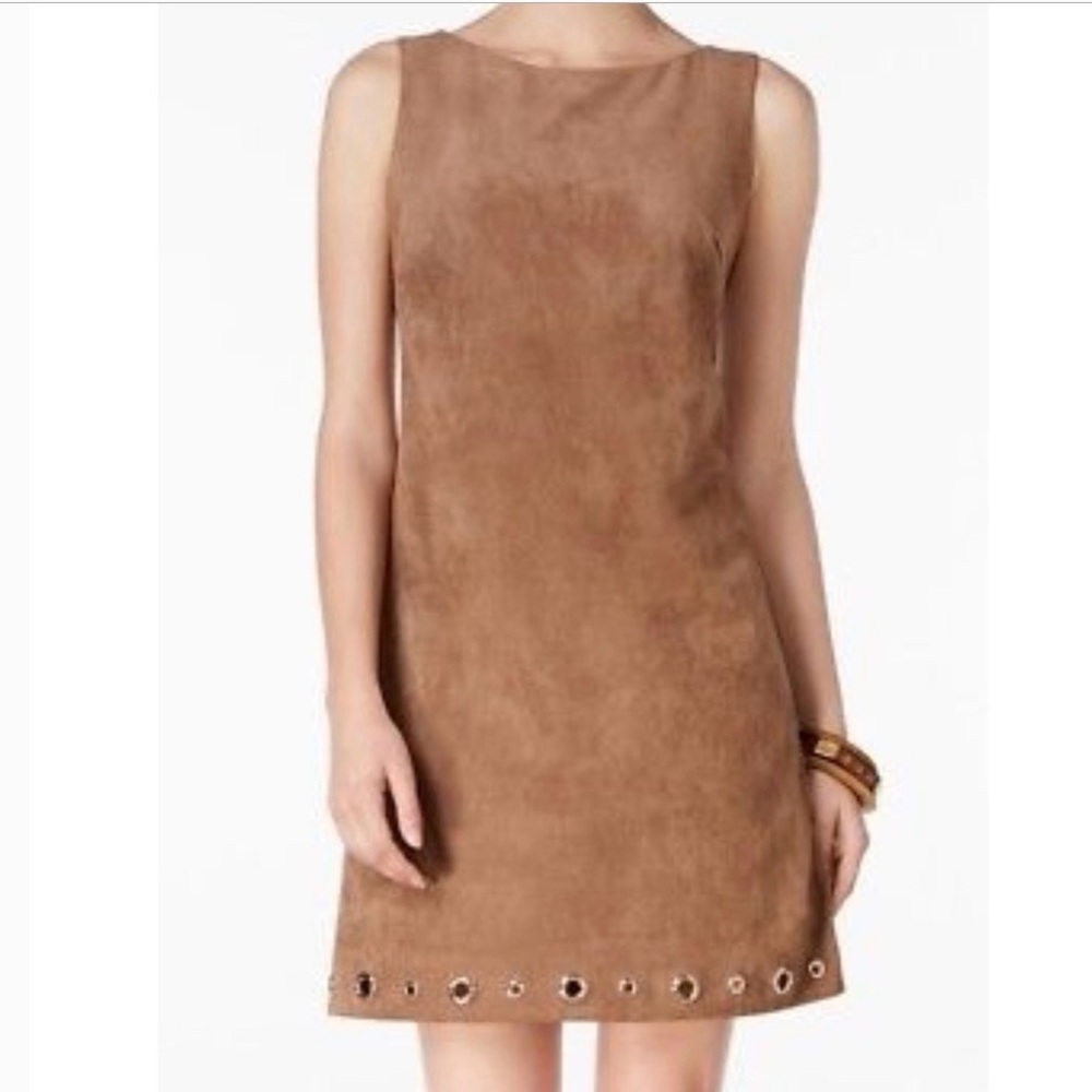 Jessica Howard camel fauxsuede sleeveless dress jumper grommets tan H-Line NEW